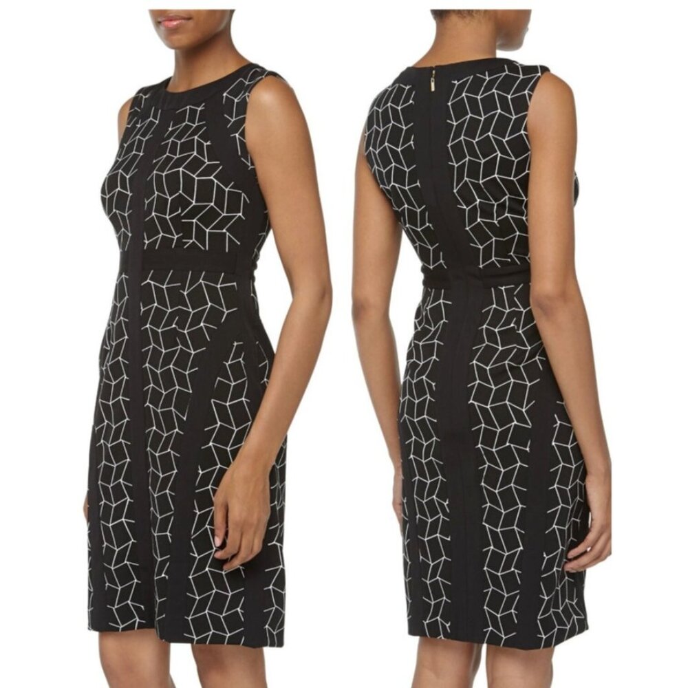 Donna Morgan Sheath Panel Dress 12 Black White Sleeveless Career Church NEW